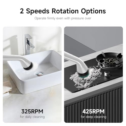 Electric Spin Scrubber - Cordless Cleaning Brush with 8 Replaceable Brush Heads and Adjustable Extension Handle, Power Dual Speed Shower Cleaning Scrubber for Bathroom, Tub, Tile, Floor, etc (White)