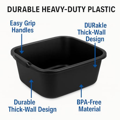 18 Quart Plastic Dishpan, Black Multi-Purpose Wash Basin Tub for Kitchen, Sink, Laundry, Cleaning Tasks