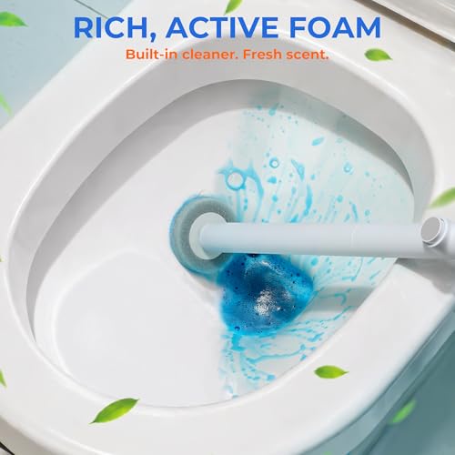 Disposable Toilet Brush and Holder Set - Hands-Free Eject Sponge Toilet Wand with Floor Standing Caddy, Secure-Lock Hangable Toilet Scrubber