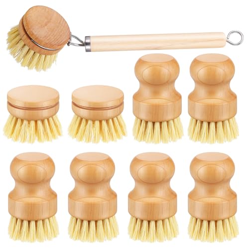 COMNICO Bamboo Dish Brush Set, 9 Pack Kitchen Natural Wooden Cleaning Scrubbers Set Washing Dish Brush Scrubber with Natural Sisal Bristles for Household Cleaning Vegetables