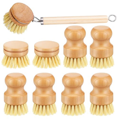 COMNICO Bamboo Dish Brush Set, 9 Pack Kitchen Natural Wooden Cleaning Scrubbers Set Washing Dish Brush Scrubber with Natural Sisal Bristles for Household Cleaning Vegetables