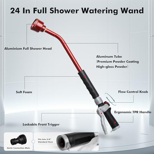 RESTMO Heavy Duty Full Metal Long Watering Wand, 24 Inches Gentle Soft Full Shower Sprayer Wand with Flow Control, Hose Wand for Hanging Baskets, Shrubs, Plants, Flowers, Garden and Lawn, Red - color: Red