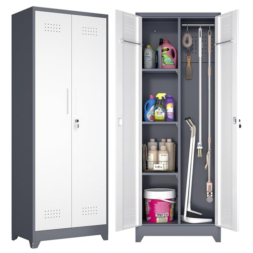 GREATMEET 65" H Broom Closet, Broom Closet Cabinet with Pegboard and Hanging Rod, Cleaning Tool Storage Cabinet, Tall Metal Utility Closets with Locking Doors for Bathroom, Garage - color: Grey & White, size: 65"H