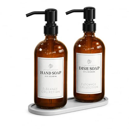 Fachixy Amber Glass Soap Dispenser (2 Pack), 16 Fl Oz Hand & Dish Soap Dispenser Bottles Set with Leak-Resistant Stainless Steel Pump, Non-Slip Pad, 14 Waterproof Labels for Kitchen and Bathroom - color: Brown