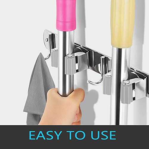 Mop and Broom Hanger Wall Mount, stainless steel Broom Hook Organizer Wall Mounted, Heavy Duty Mop Holder Storage Rack - 3 Racks 4 Hooks for hanging brooms and mops