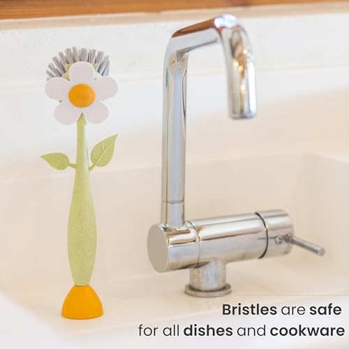 Vigar Florganic Dish Brush with Handle & Built-in Stand - Daisy-Shaped Kitchen Scrub Brush for Dishes and Sink Cleaning, Non-Stick Safe Soft Nylon Bristles, Pot Scrubber, Dishwasher Safe – Multicolor