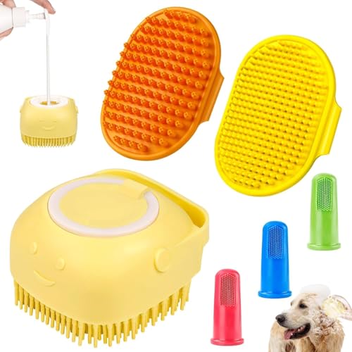 Comotech 6PCS Dog Bath Brush & Dog Toothbrush | Adjustable Handle Shampoo Brush & Scrubber for Short & Long Haired Dogs & Cats | Effectively Solve Odor & Stain Removal Problems (Orange Yellow Yellow) - color: Orange Yellow Yellow