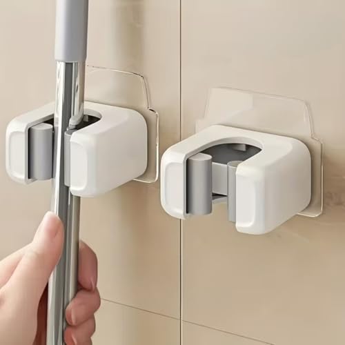 Wall-Mounted Mop and Broom Holder - Self-Adhesive, No Drilling Required, Household Storage Fixture for Easy Installation, ABS Material, White and Grey