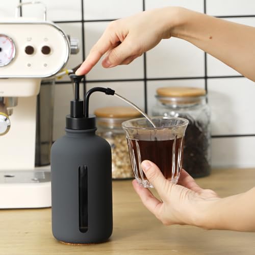 Enra Glass Soap Dispenser with Window, 17oz Dark Gray Stainless Steel Hand Pump for Bathroom Kitchen - Countertop Lotion Bottle (Dark Gray-Round-Liquid) - color: Dark Gray-round-liquid