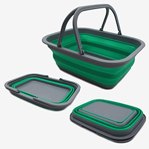 SAMMART 9.2L (2.37Gallon) Collapsible Tub with Handle - Portable Outdoor Picnic Basket/Crater - Foldable Shopping Bag - Space Saving Storage Container (1, Grey/Bluish-Green) - color: Grey/Bluish-green