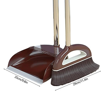 Broom and Dustpan Set,Large Broom and Dustpan,Broom and Dustpan Set,Heavy Duty Dust Pan with Long Handle Upright Dustpan Broom Set,Broom Home Kitchen Lobby Floor Use,Dust Pan and Broom Set - color: Coffee