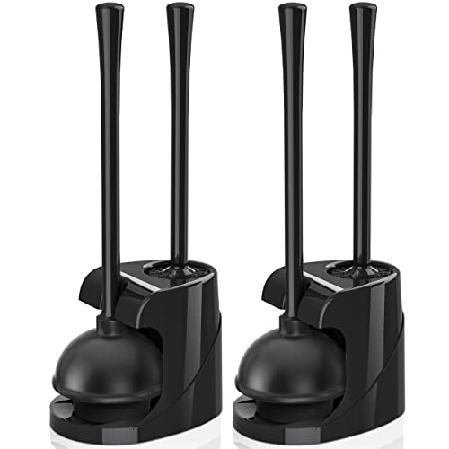 Toilet Plunger and Brush, Bowl Brush and Heavy Duty Toilet Plunger Set with Ventilated Holder, 2-in-1 Bathroom Cleaning Combo with Modern Caddy Stand for 5.7-inch Toilet Drain(Black, 2 Set) - color: Black