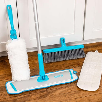 E-Cloth Easy-Click Home Cleaning Supplies Set - Dust Broom & Flat Mop Kit for Floor Cleaning, Wall, Ceiling, & Floor Duster, Adjustable Handle, Interchangeable Heads, Washable Pads, No Refills Needed
