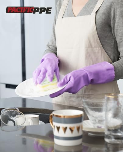 PACIFIC PPE 4 Pairs Reusable Dishwashing Cleaning Gloves with Latex Free, Cotton Lining, Kitchen Gloves, Purple, Small - color: Purple, size: Small (Pack of 4)