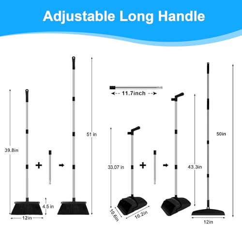 Broom with Dustpan Combo Set and Silicone Air Broom Kit, 51" Long Handle Floor Squeegee, Black Household Kit for Glass Window Rugs Pet Hair Home - color: Black