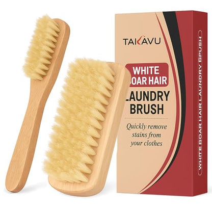 TAKAVU Boar Bristle Laundry Brush Set, Soft Bristle Stain Scrub Brush for Clothes & Fabric, Gentle Upholstery Brush for Delicate Knits Cotton Linen, Washable Laundry Stain Remover - color: White Boar