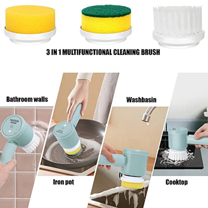 Electric Spin Scrubber, 3-in-1 Cordless Rechargeable Shower Scrubber with 3 Replaceable Cleaning Brush Heads for Bathroom/Kitchen/Floor/Tile