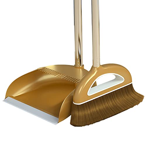 Standing Dustpan And Broom Set, Upgrade Broom And Dustpan Set, Large Size And Stiff Broom Dust Pan With Long Handle, For Home, Indoor, Kitchen Room Lobby Floor Cleaning - color: Gold