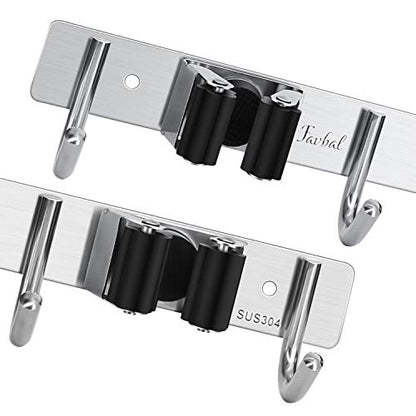 Broom Hanger Wall Mounted, 2PCS Mop and Broom Holder Wall Mount Garage Organization and Storage Stainless Steel Kitchen Tool Organizer Wall Hanger for Laundry Room Garden Garage Closet Kitchen