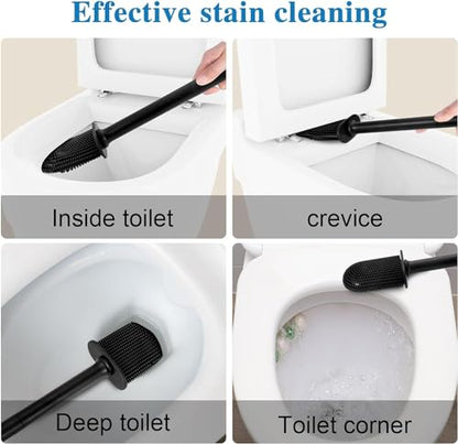 Silicone Toilet Brush and Holder Bendable Efficient Cleaning Wall Mounted Toilet Bowl Brush with Long Handle Brush Head and Silicone Bristles No Rusty Handles Problem (Black) - color: Black