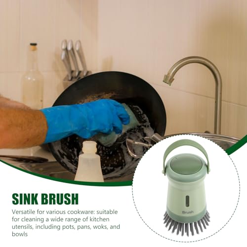 NUOBESTY Soap Dispensing Kitchen Scrub Brush with Handle for Pots and Pans, Palm Dish Scrubber Brush with Built-in Soap Dispenser, Green Dishwashing Tool for Sink Cleaning