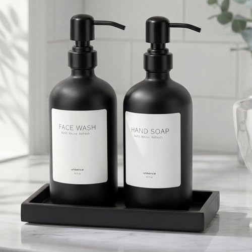 2 Packs Glass Dish Soap Dispenser Set for Kitchen, Hand and Dish Soap Dispenser with Stainless Steel Pump & Resin Tray, Rental-Modern Refillable Countertop Soap Dispenser for Bathroom,Matte Black - color: Matte Black