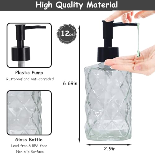 Crystal Clear Glass Soap Dispenser with Black Pump, 2 Pack 12oz Diamond Hand Dispenser, Refillable Lotion Dispenser & Dish Soap Dispenser, Bathroom Soap Dispenser for Liquid, Shower Gel - color: Transparent