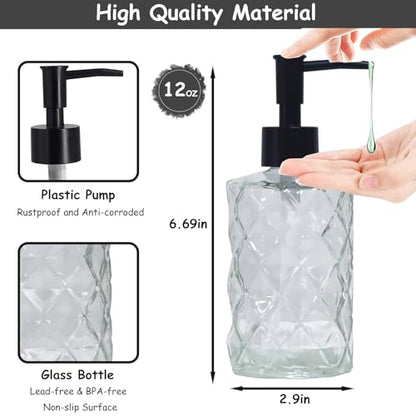 Crystal Clear Glass Soap Dispenser with Black Pump, 2 Pack 12oz Diamond Hand Dispenser, Refillable Lotion Dispenser & Dish Soap Dispenser, Bathroom Soap Dispenser for Liquid, Shower Gel - color: Transparent