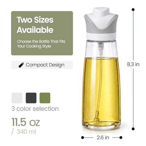 Olive Oil Dispenser for Kitchen 2-in-1 Pour and Spray | 11.5 oz / 340 ml | Glass Olive Oil Sprayer for Cooking, Airfryer, Salad & BBQ | Set of 2 Bottles, White - color: White