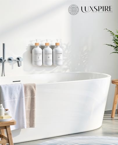 Luxspire Shampoo and Conditioner Dispenser, Shower Soap Dispenser Wall Mounted 3 Sets Plastic Bottles Bamboo Pump, 17OZ Shampoo and Conditioner Bottles for Bathroom, Shower Wall and Hotel, White - color: Matte White
