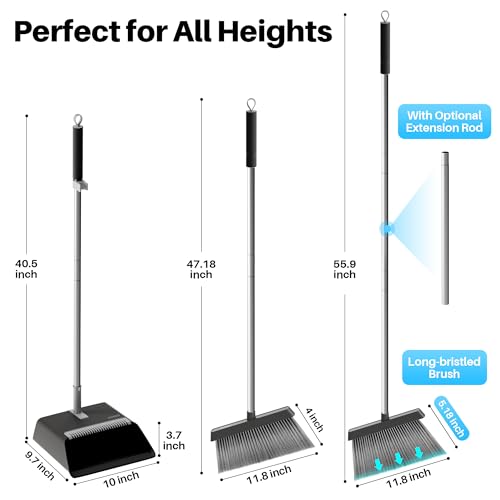 JOYMOOP Black Broom and Dustpan Set, Upright Angle Design with Built-in Comb Teeth for Home, Office, Hardwood Floors, Pet Hair - color: Black & Grey