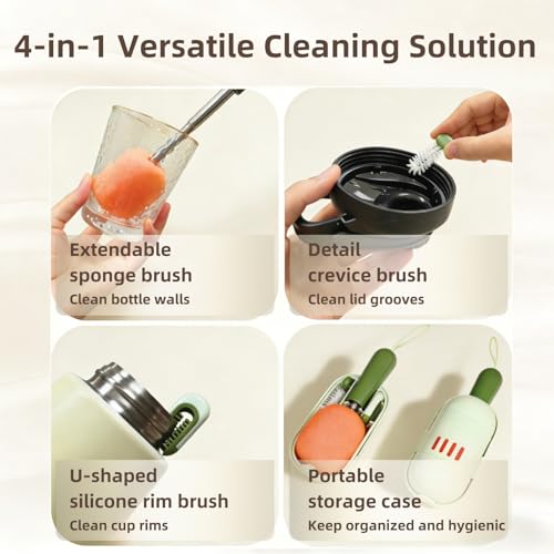 4-in-1 Portable Bottle Brush Cleaner Set, Water Bottle Cleaning Brush with Long Extendable Handle, Sponge Cup Brush, Rim & Crevice Brush, Travel Case for Baby Bottles, Tumblers, Glassware