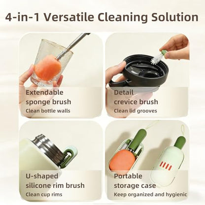 4-in-1 Portable Bottle Brush Cleaner Set, Water Bottle Cleaning Brush with Long Extendable Handle, Sponge Cup Brush, Rim & Crevice Brush, Travel Case for Baby Bottles, Tumblers, Glassware