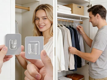 10 Pairs Clear Double-Sided Adhesive Wall Hooks - Mounted Door Hanger Kit - No Drill Sticker Hangers with Suction Cup for Bathroom, Kitchen