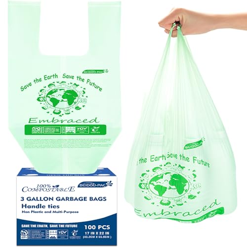 BEIDOU-PAC 100% Compostable Trash Bags, 3 Gallon Compost Bags Small Kitchen Trash Bags with Handle, 100 Count Sturdy Garbage Bags Food Scrap Waste Bags, ASTM D6400, US BPI Certified - style: Handle | 3 Gallon | 100 Count