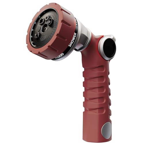 RESTMO Heavy Duty Hose Nozzle, Metal Garden Water Hose Sprayer with 7 Watering Patterns, Thumb Control, On Off Valve, High Pressure Nozzle Sprayer for Watering Plants, Car and Pet Washing, Red - color: Red