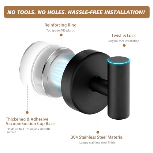 Suction Cup Hooks, Removable Shower Hooks, Matte Black, 2-Pack | No Wall Damage | Strong Hold on Tile, Glass & Mirrors | Kitchen & Bathroom Use | Perfect for Towels, Loofahs, Robes & Coats - style: Matte Black
