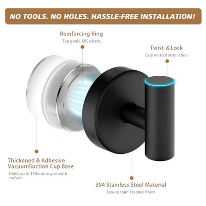 Suction Cup Hooks, Removable Shower Hooks, Matte Black, 2-Pack | No Wall Damage | Strong Hold on Tile, Glass & Mirrors | Kitchen & Bathroom Use | Perfect for Towels, Loofahs, Robes & Coats - style: Matte Black