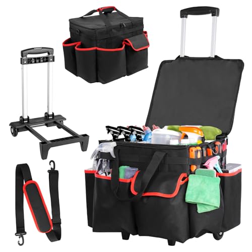 Large DIY Rolling Cleaning Caddy Bag, Cleaning Caddy with Wheels for Housekeepers, Wear-Resistant & Waterproof 900D Oxford Cleaner Supplies Organizer for Kitchen, Home, Office, Tool Storage