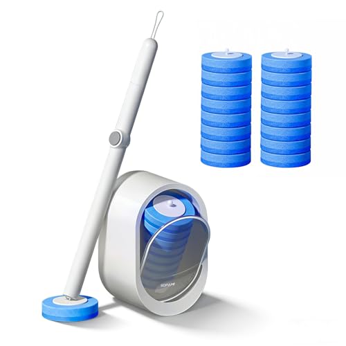 SOPAMI Disposable Toilet Cleaning System, Toilet Wand Kit with 16 Refills, 17-Inch Handle, Wall-Mounted or Floor-Standing Holder for Routine Bathroom Cleaning