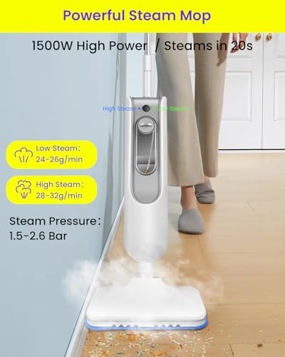Steam Mop for Floor Cleaning, Effortless Ergonomic Design Floor Steamer for Hardwood and Tile, Adjustable Steam Modes, 1500W High Power, 16.4ft Cord, 400Ml XL Tank, 2 Washable Pad (1) (1)