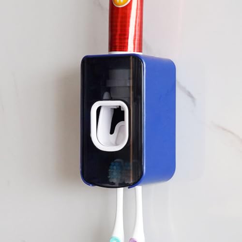 2 Slot Toothbrush Holder and Toothpaste Dispenser Wall Mounted, Automatic Toothpaste Squeezer, 2 in 1 Tooth Brush Toothpaste Organizer for Shower (Dark Blue) - color: Dark Blue, size: 1