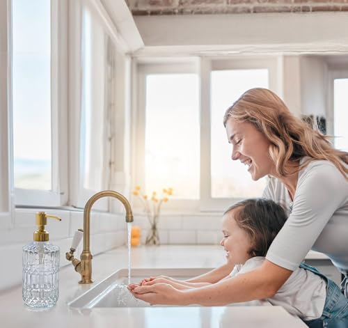 JASAI 18Oz Dazzling Clear Glass Soap Dispenser with Golden Pump for Bathroom, Refillable Kitchen soap Dispenser for Dish Soap, Bathroom Soap Dispenser for Hand Soap, Lotion.(Golden) - color: Clear-golden Pump, style: Dazzle