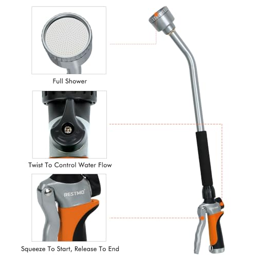 RESTMO Long Watering Wand, 24 Inches Gentle Soft Full Shower Sprayer Wand with Flow Control, Heavy Duty Metal Hose Wand for Hanging Baskets, Shrubs, Plants, Flowers, Garden and Lawn, Orange - color: Orange