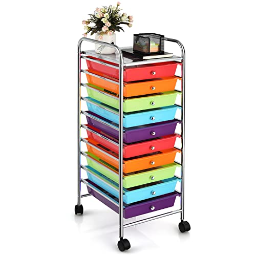 COSTWAY 10-Drawer Rolling Storage Cart, Utility Mobile Trolley with Removable Drawers & Universal Casters & 2 Brakes, Versatile Flexible Drawer Organizer Cart for Home, Office (Multi-Colored) - color: Multi Color, size: 13"L x 15"W x 34"H (10 Drawer)