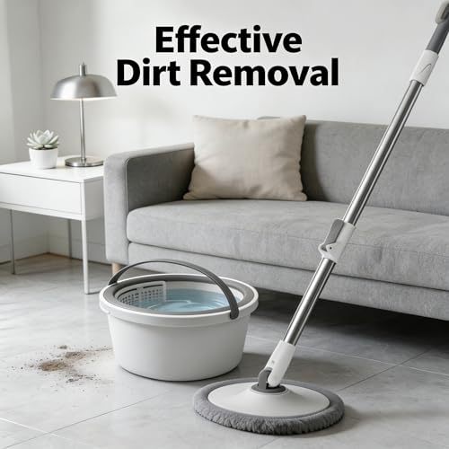 Spin Mop and Bucket System with 2 Microfiber Mop Heads, 360° Rotating Floor Mop for Wet and Dry Cleaning, Adjustable Stainless Steel Handle, Compact Cleaning Set for Hardwood, Tile, Laminate, Grey