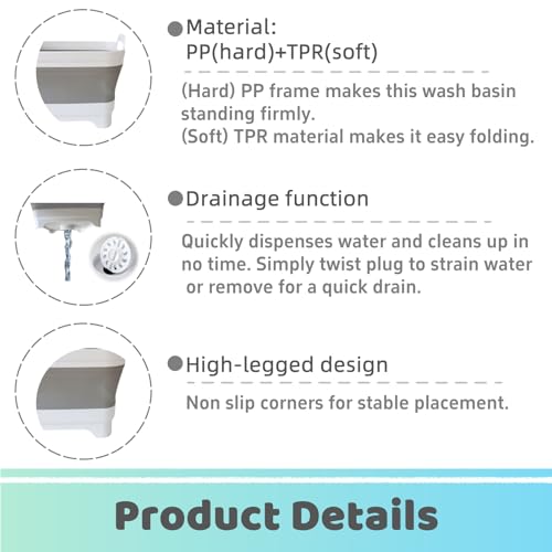 GIMWA Collapsible Wash Basin with Drain Plug - 2.4 Gallon Foldable Kitchen Sink for Baby Bottles, RV Camping, Space-Saving Dish Tub (Gray-Pink) - color: Gray-pink