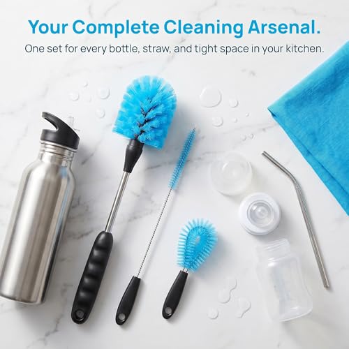 3-in-1 Stainless Steel Bottle Brush Set of Three, Straws, Water Bottles, Glasswares, Baby Bottles, Mugs, Flasks, Tumblers, Vases, to-go Cups, Long-Handled Round Head