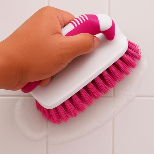 2-Pack Scrub Brushes with Rubber Grip – Heavy-Duty Bristles for Bathroom, Tile, Grout, Shower, Sink & Floor Cleaning – Dependable Industries - color: White-pink