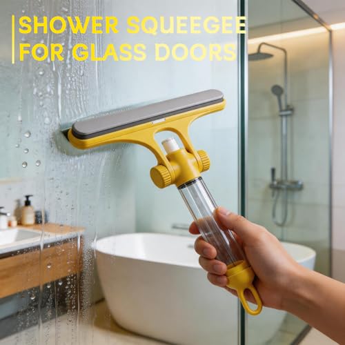 4 in 1 Glass Cleaning Tool with Adjustable Angle Squeegee Spray Bottle and Scrub Brush for Shower Glass Car Windows and Mirrors All in One Window Cleaner Kit